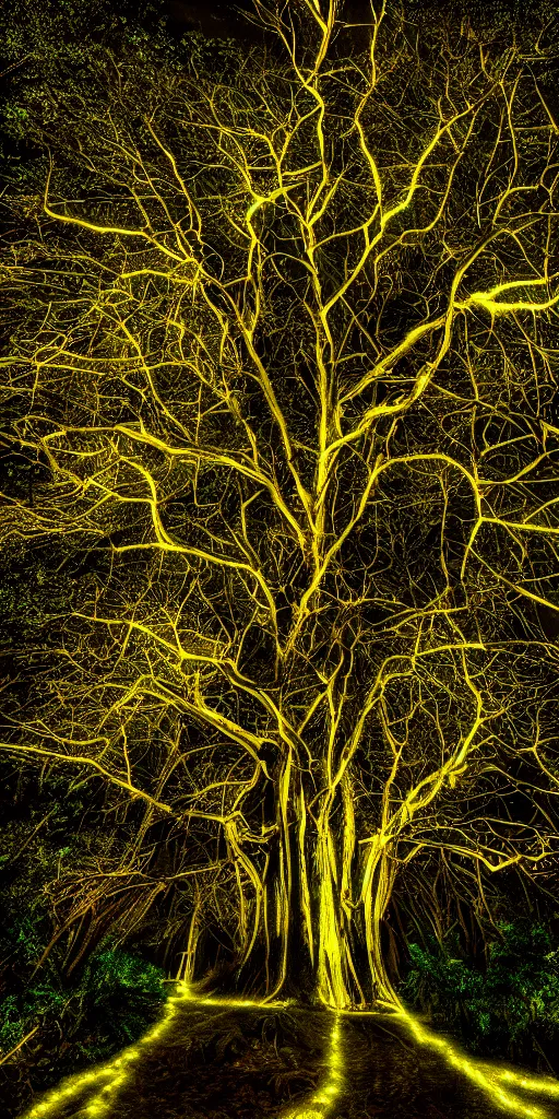 Prompt: an hd dslr photo art of a big tree glowing in dark jungle at night, enormously detailed