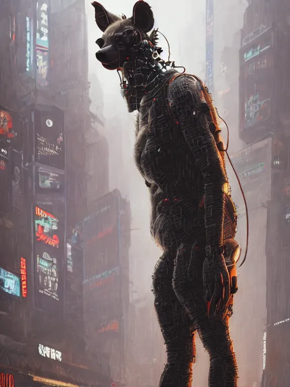 Image similar to new york city portrait of furry anthro anthropomorphic spotted hyena head animal person fursona wearing clothes strange cybernetic muzzle gloomy rainy screenshot from the video game cyberpunk 2077 digital art by Greg Rutkowski, Simon Stalenhag, christopher nolan trending on Artstation, CGSociety