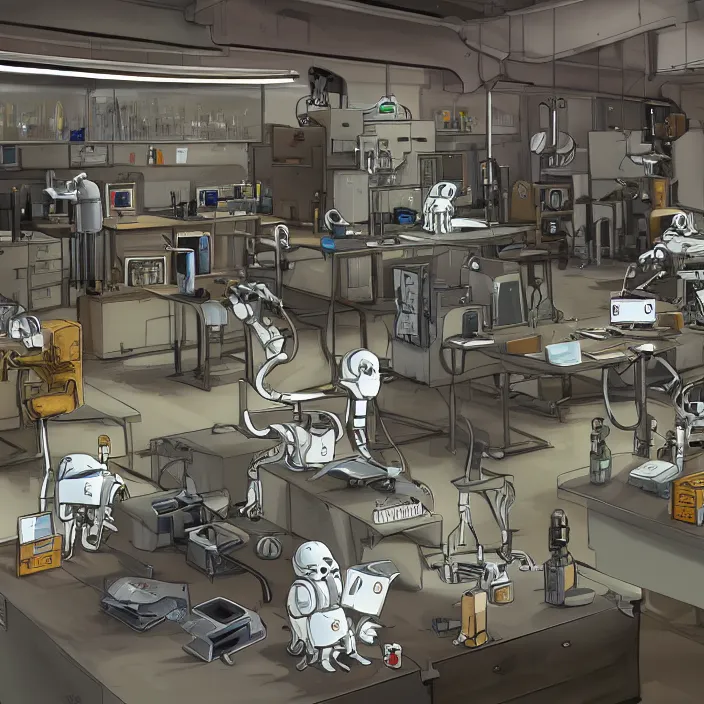 Image similar to highly detailed well organized and clean weapons laboratory, with research, robot arms, tables, parts, windows, with anthropomorphic furry researchers, Extremely detailed digital art, sci fi, furaffinity, DeviantArt