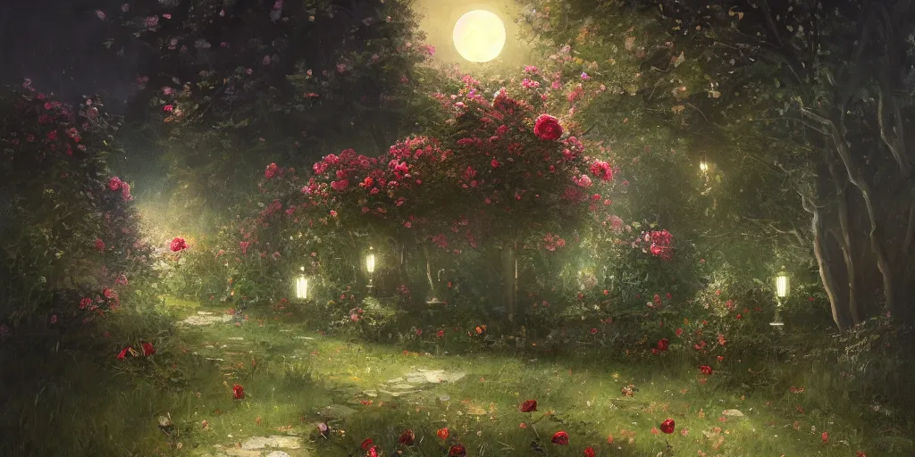 Prompt: A beautiful oil painting of a garden filled with roses and trees, nighttime, bright moonlight, big moon, high contrast colors, magical atmosphere, by greg rutkowski, trending on artstation