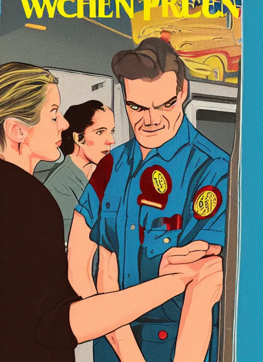 Image similar to Twin Peaks art, of Michael Shannon dressed as mechanic talking to Jennifer Connelly wearing light blue diner waitress dress, poster artwork by Bob Larkin, from scene from Twin Peaks, simple illustration, domestic, nostalgic, from scene from Twin Peaks, clean, New Yorker magazine cover