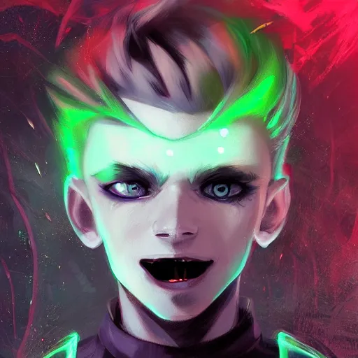 Image similar to Young Danny phantom with glowing green eyes and sharp teeth fangs alt art fashion punk, art by WLOP and Charlie Bowater and WLOP and Mark Arian and Ross Tran + neon colors, symmetry,A digital matte intricate illustration concept art , intricate complexity, epic composition, magical atmosphere, highly detailed, cinematic lighting + masterpiece, trending on artstation + 8k