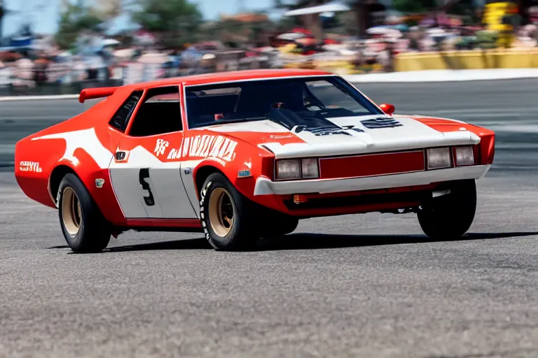 Image similar to vintage race footage, archival, 1974 AMC AMX/3 Gremlin, XF IQ4, 150MP, 50mm, F1.4, ISO 200, 1/160s, natural light, Adobe Photoshop, Adobe Lightroom, photolab, Affinity Photo, PhotoDirector 365