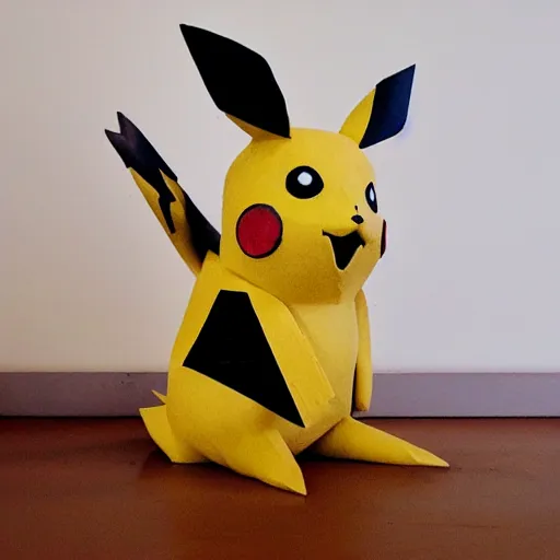 Prompt: Pikachu Sculpture made out of cardboard