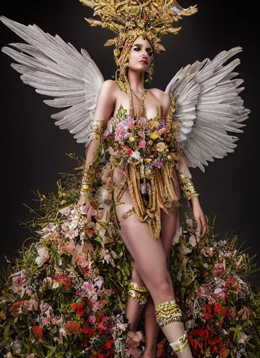 Image similar to full body environmental portrait photo of a goddess as angel, ornate headpiece made from flowers, ornaments, glamour shot by gemmy woud - binnendijk, lindsay adler, stefan gesell, photorealistic, canon r 3, fashion photography, ornate, elegant, luxury and elite, symmetrical features, octane render, unreal engine, solid dark grey background, dramatic lights