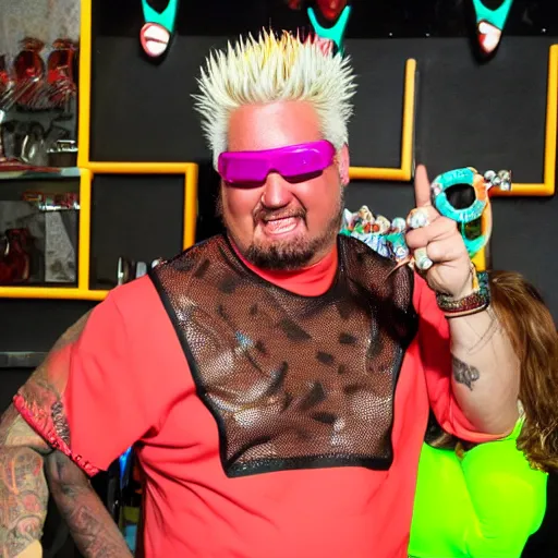 Image similar to guy fieri covered in chocolate wearing a neon colored mesh crop top and pit vipers