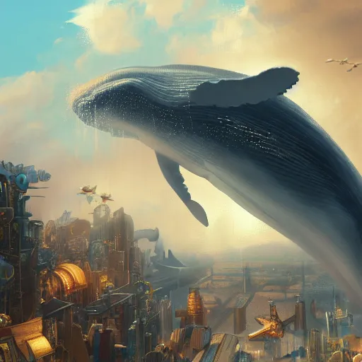 Image similar to A huge whale flying in the clouds above a steampunk mega city, golden lighting, artstation