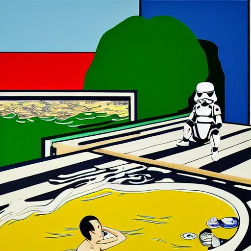 Image similar to hyperrealism composition of the japanese house with a hot springs in the garden, two detailed stormtroopers bathe in a hot spring, pop - art style, jacky tsai style, andy warhol style, roy lichtenstein style, round canvas, acrylic on canvas