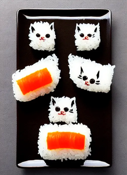 Image similar to clear surrealist painting of adorable cats made from sushi rice, sitting on sushi plates with garnish