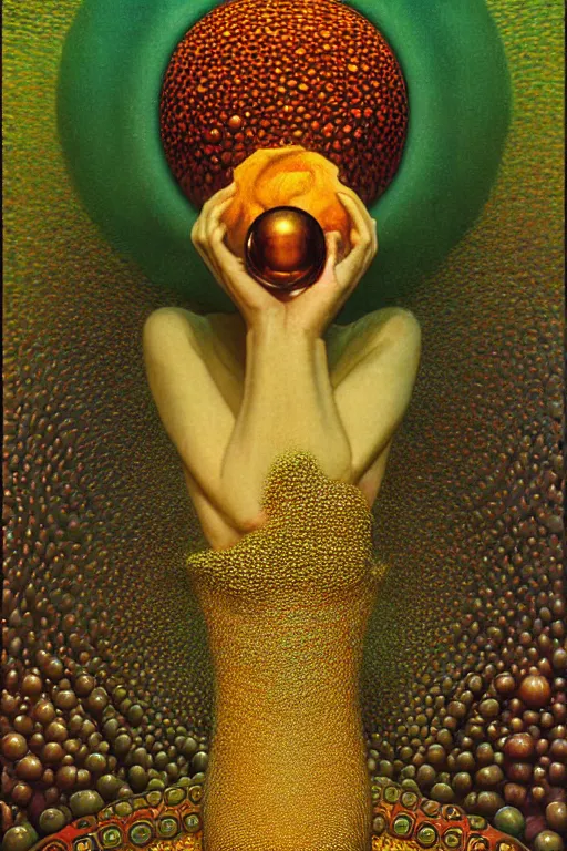 Image similar to art deco close up portait of mushroom head with big mouth surrounded by spheres, rain like a dream digital render curvalinear clothing cinematic dramatic fluid lines otherworldly vaporwave interesting details epic composition by artgerm moebius francis bacon gustav klimt