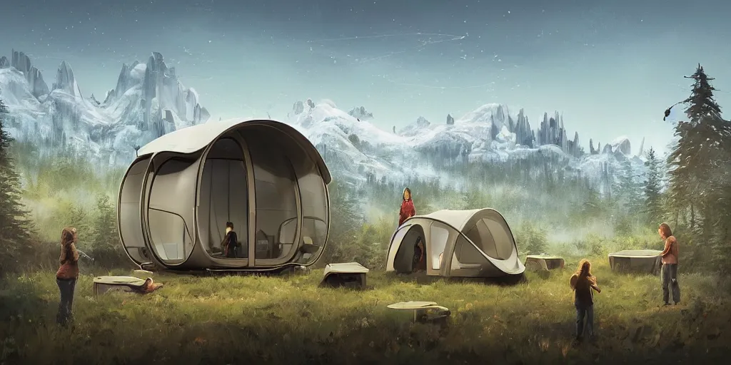 Image similar to cabela's beautiful comfortable futuristic pop up insulated all terrain family pod, cabin, modular, person in foreground, mountainous forested wilderness open fields, beautiful views, painterly concept art, joanna gaines, environmental concept art, farmhouse, magnolia, concept art illustration by ross tran, by james gurney, by craig mullins, by greg rutkowski trending on artstation