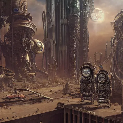 Image similar to a scifi family in an epic steampunk city, by moebius and hr giger, cinematic, 8 k