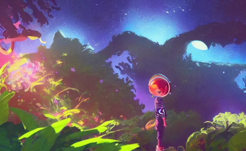 Prompt: a still of a cute adorable tiny astronaut, on a planet of lush colorful foliage surrounded by monster dragons, magical forest, sharp focus, neon backlit, highly detailed, disney pixar studio ghibli makoto shinkai, digital painting, matte, octane render, cinematic volumetric lighting, global illumination, iridescent, anime, 8 k concept art