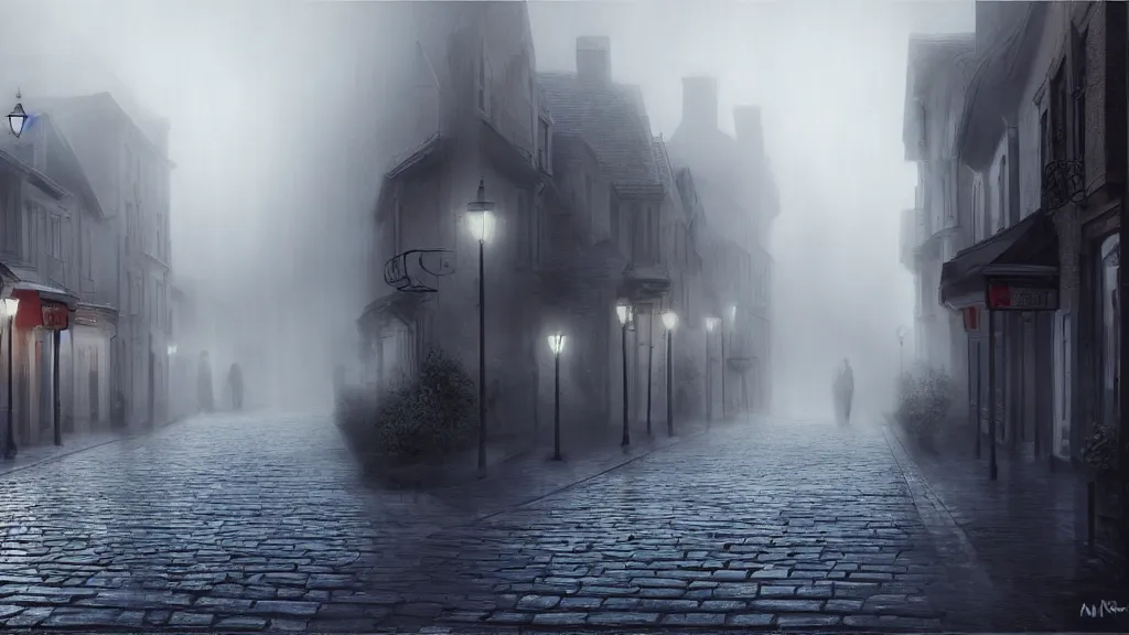 Image similar to the old town with houses in the windows of which the light is on. early morning, fog on ground, wet street. mike barr painting. volumetric light, dull colors, dark, noir arthouse, 3 5 mm, hight detalied, hd, 4 k