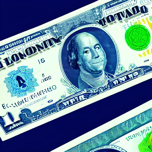 Image similar to a futuristic glowing blue banknote of currency with an alien symbol on the front