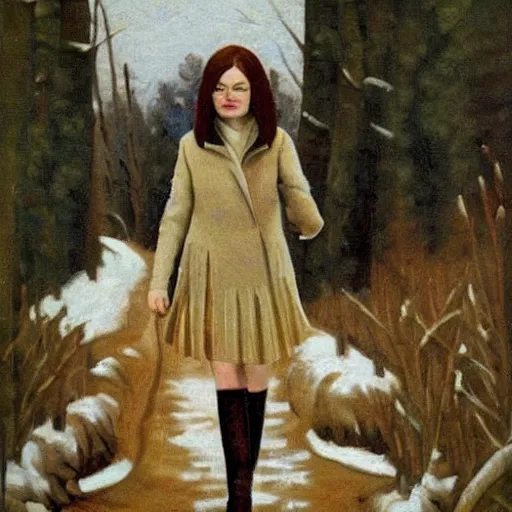 Image similar to emma stone in boots walking to outdoor toilet, winter, russian depression, chthonic, sharp focus, detailed, art by grant wood