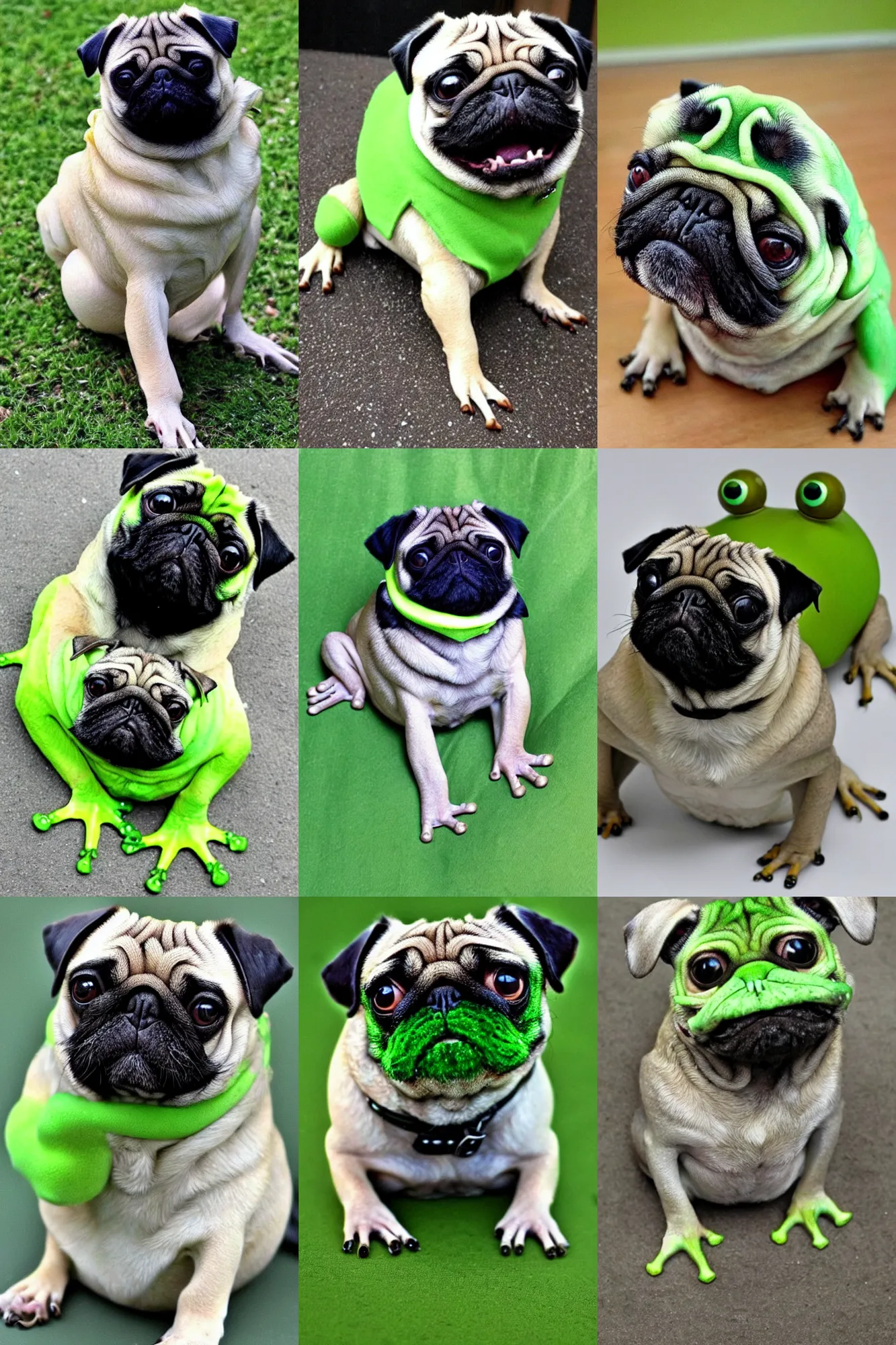 Prompt: a perfect hybrid between a pug and a frog!!!!!, green