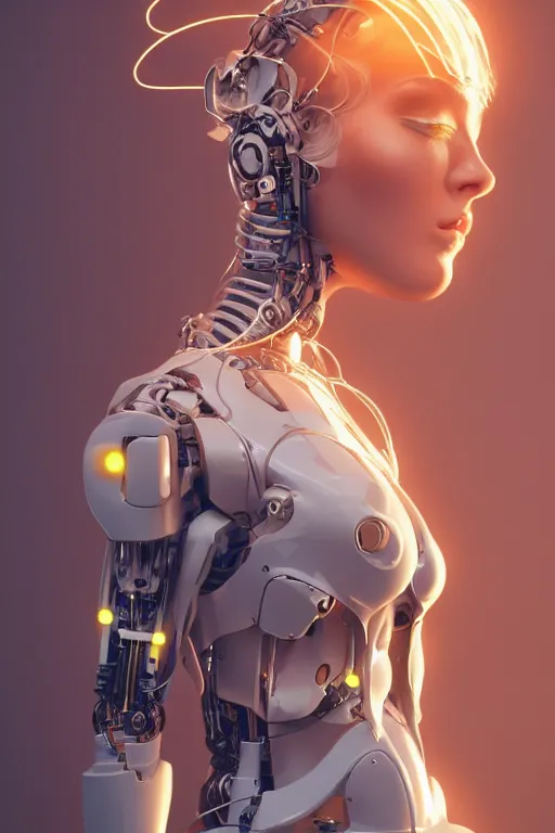 Image similar to a beautiful woman with blonde hair wearing robot suit with wires and light, highly detailed, photorealistic, artstation, smooth