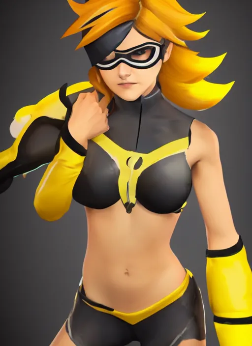 Image similar to tracer game character, in yellow bikini, blonde hair, black eyes, full height