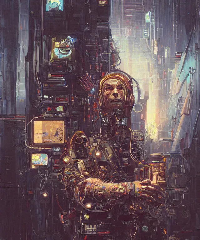 Image similar to a painting of a man holding a machine in his hands, cyberpunk art by les edwards and by michael whelan and by dan mumford, cgsociety, neoplasticism, lovecraftian, future tech, circuitry