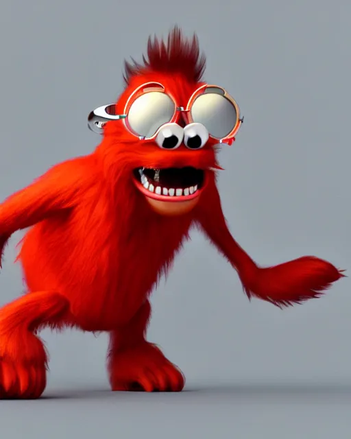 Image similar to 3 d render of completely red hairy friendly antropomorphic creature wearing chrome shades, without nose, full body, standing on 2 feet, in the style of pixar, white background, unreal engine 5, octane render, highly detailed hdr