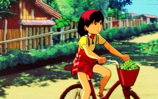 Image similar to a young girl riding a bike in a small town, 1970s philippines, art by hayao miyazaki, studio ghibli film, hi res, 4k