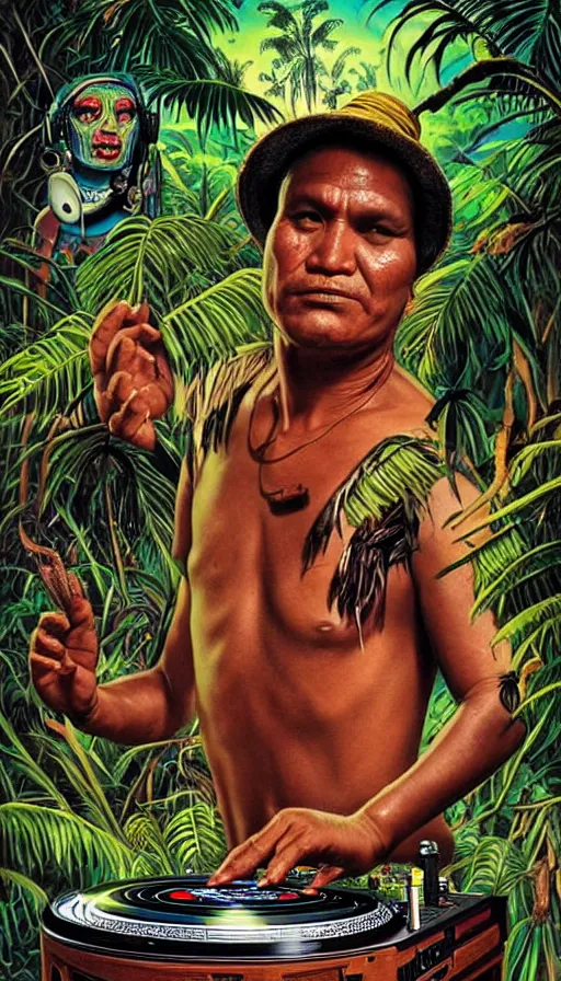 Prompt: an indigenous dj playing with pioneer turntables in the jungle, poster art by daniele caruso, benediktus budi, jason edmiston, vc johnson, powell peralta