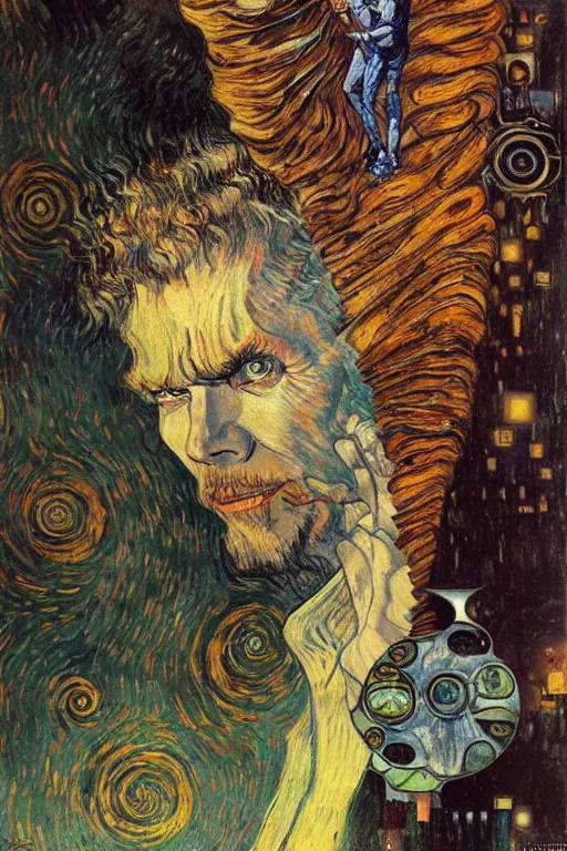 Prompt: character art the contra bill rizer, by karol bak, jean deville, gustav klimt, and vincent van gogh, trickster, enigma, destiny, surreality, inspiration, muse, otherworldly, fractal structures, arcane, spirals