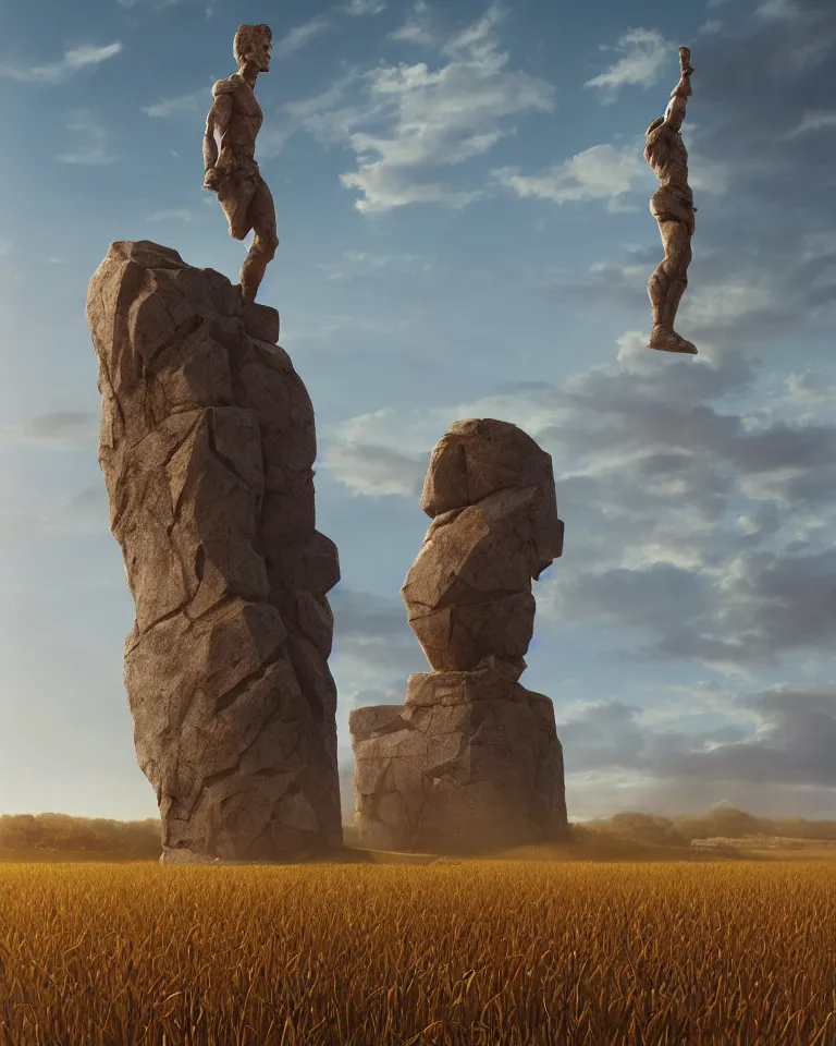 Image similar to wide shot of a tall and thin rocky geometric statue hovering vertically ten feet above a cornfield, late afternoon, golden hour, dramatic lighting, cinematic, highly detailed, smooth, sharp focus, concept art by greg rutkowski and marc simonetti