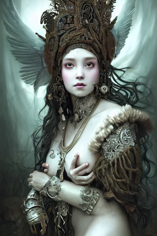 Image similar to A masterpiece ultrarealistic portrait of a Irristible angel princess tribal-shaman-knight-witch-ghost with Skull Iron mask. baroque renaissance girl in the night forest. medium shot, intricate, elegant, highly detailed. trending on artstation, digital art, by Stanley Artgerm Lau, WLOP, Rossdraws, James Jean, Andrei Riabovitchev, Marc Simonetti, Yoshitaka Amano. background by James Jean and Gustav Klimt, light by Julie Bell, 4k, porcelain skin.