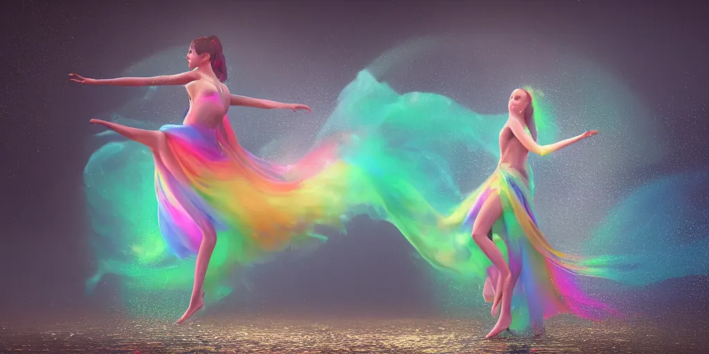 Prompt: a dancing godess enrobed in water mist rainbow in a puddle splattering water, mist, vapour, iridiscent, rainbow, microsecond, 1 / 8 0 0 0 8 k, octane render, unreal engine, ue 5, photoshop, maya, ray tracing