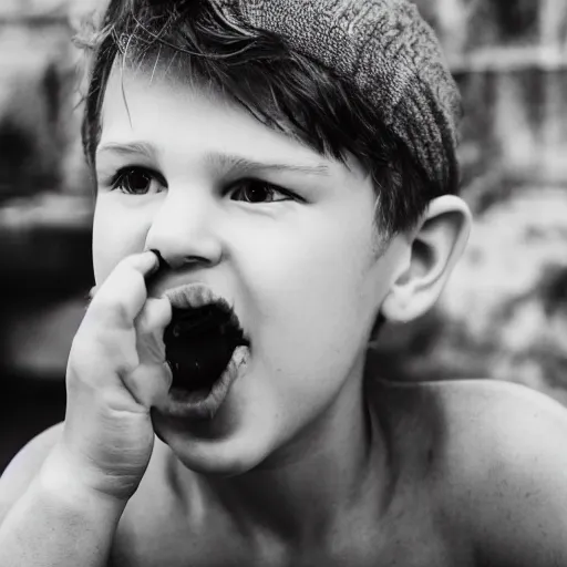 Prompt: long nose white boy eating fruit recklessly, photograph, caught in the moment, mid shot, photorealistic