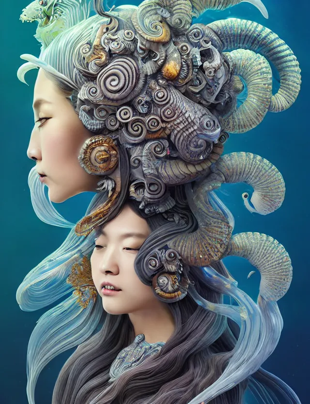 Image similar to 3 d goddess nautilus half - turn portrait with long hair with ram skull. beautiful intricately detailed japanese crow kitsune mask and clasical japanese kimono. betta fish, jellyfish phoenix, bio luminescent, plasma, ice, water, wind, creature, artwork by tooth wu and wlop and beeple and greg rutkowski