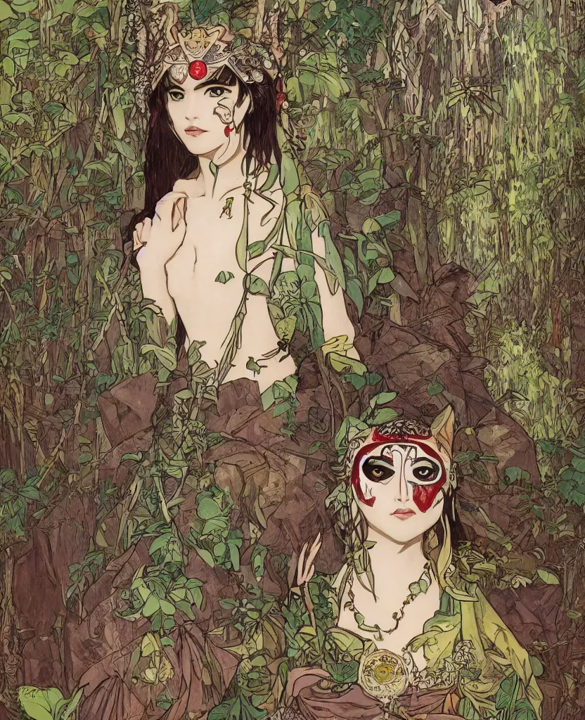 Image similar to portrait of Princess Mononoke wearing her mask, lush forest landscape, style Mucha, gems and gold, waterfalls, denoised, sharp,