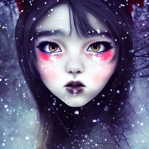 Image similar to focus face portrait of beautiful darkness witch 3D anime girl, dark forest background, snowing, bokeh, inspired by Tim Burton, digital painting, high contrast, unreal engine render, volumetric lighting, high détail