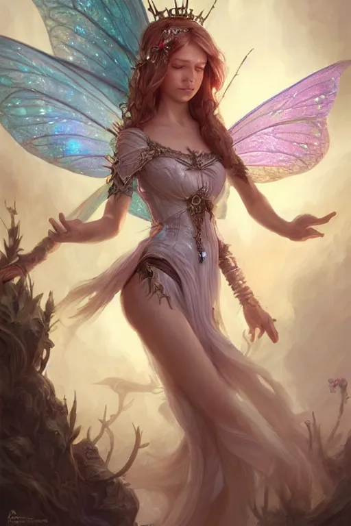 Image similar to fairy princess, highly detailed, d & d, fantasy, highly detailed, digital painting, trending on artstation, concept art, sharp focus, illustration, art by artgerm and greg rutkowski and magali villeneuve