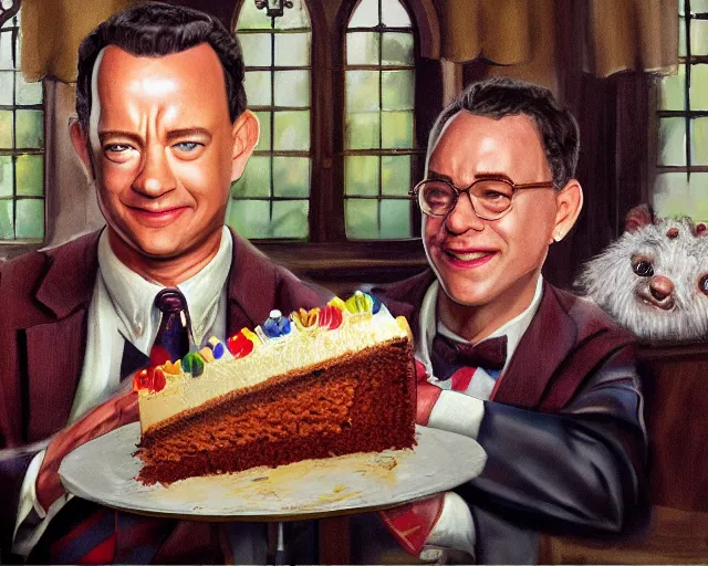 Image similar to tom hanks as forrest gump eating a cake in hogwarts, digital art, highly detailed, artstation, award winning, in the style of Irina French