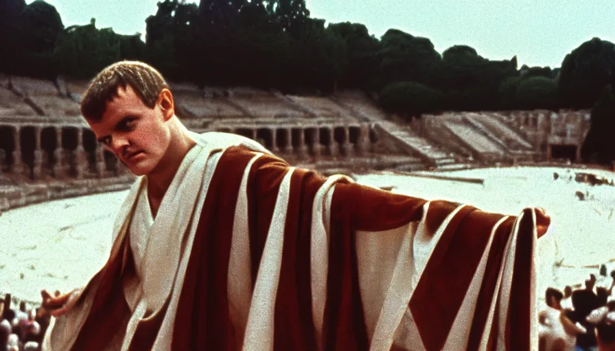 Image similar to 1 9 6 0 s movie still close - up of caligula in a white toga heavy bleed on ancient amphitheater, cinestill 8 0 0 t 3 5 mm, high quality, heavy grain, high detail, dramatic light, anamorphic