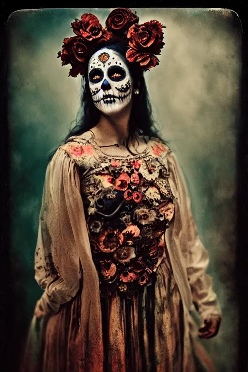 Prompt: tintype, ecstasy of saint teresa in dia de muertos dress and make up, horrific beautiful vibe, evocative, atmospheric lighting, painted, intricate, highly detailed, leesha hannigan, wayne haag, reyna rochin, ignacio fernandez rios, mark ryden, iris van herpen, stunning, gorgeous, sharp focus, cinematic, masterpiece