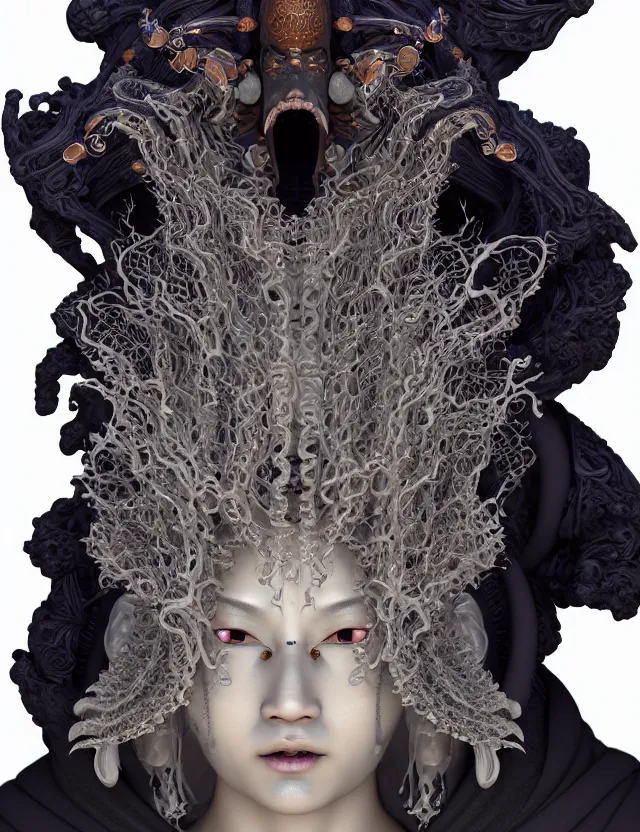 Image similar to 3 d goddess close - up profile portrait of cultist monk in hooded robe with ram skull. beautiful intricately detailed japanese crow kitsune mask and clasical japanese kimono. betta fish, jellyfish phoenix, bio luminescent, plasma, ice, water, wind, creature, artwork by tooth wu and wlop and beeple and greg rutkowski