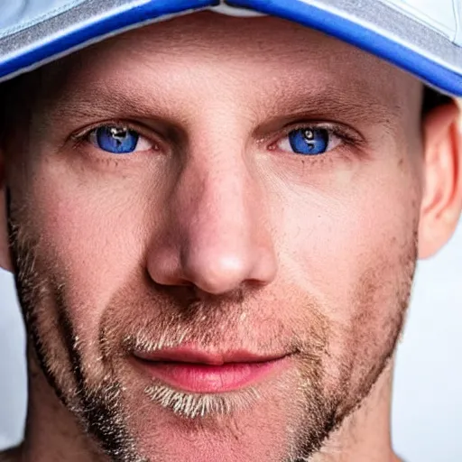 Prompt: color photograph of a 40 year old white Polish skinny man with short, curly, blond hair and very small blue eyes, dressed in a white t shirt, gray shorts and a gray cabby cap, with a small mole to the right of his very thin lips, with a straight nose and blond stubble, with a round face, and an earring in the left ear. He resembles a lion.