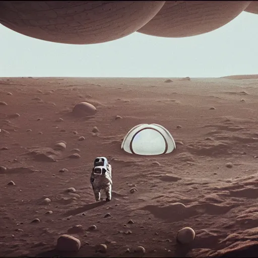 Prompt: two astronaut kids on the surface of the moon with a biosphere in the distance in the style of stalenhag, render, VRay, octane, beige and white color scheme, 8K