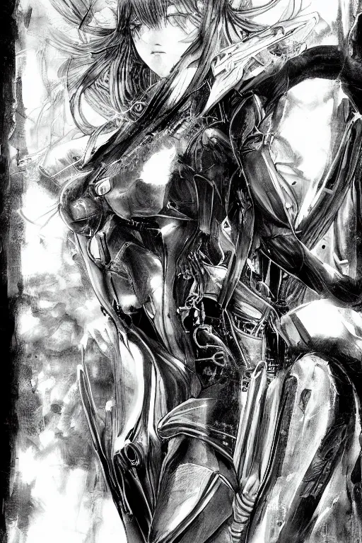 Image similar to a vertical portrait of a character in a scenic environment, black and white, dreamy, cybernetic suit, long straight black hair, highly detailed, by Yoshitaka Amano