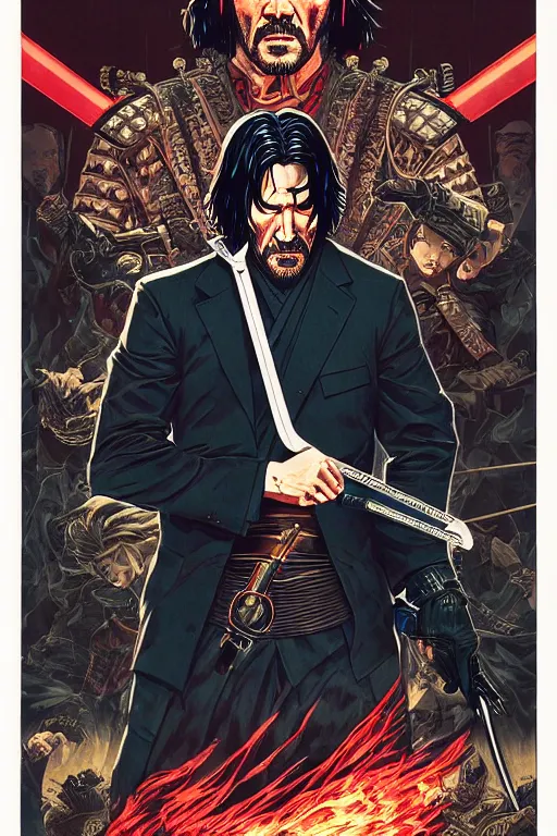 Image similar to poster of john wick as a samurai, by yoichi hatakenaka, masamune shirow, josan gonzales and dan mumford, ayami kojima, takato yamamoto, barclay shaw, karol bak, yukito kishiro