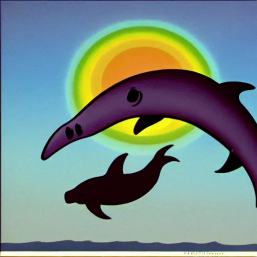 Prompt: the grim reaper riding a dolphin that is jumping over a rainbow, by tex avery,
