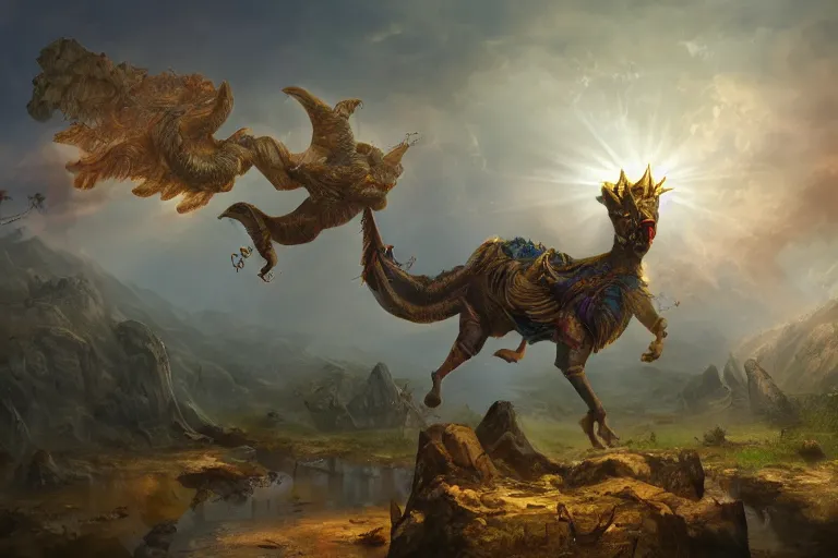 Image similar to a mythical chimera purging the village people with divine light, digital painting, mixed media, trending on artstation and deviantart, epic composition, magnum opus, highly detailed, 8 k