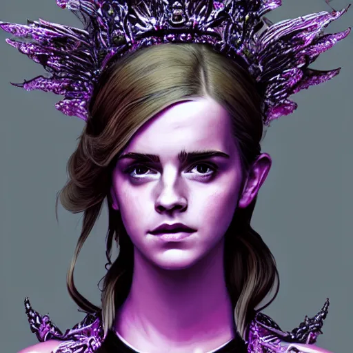 Image similar to pink portrait of beautiful female angel queen Emma Watson head wearing shiny pink crown, subtle purple accents, hyper details, black metal rococo, sculpted by Alex Alice, Craig Mullins, yoji shinkawa, trending on artstation, beautifully lit, Peter mohrbacher, hyper detailed, insane details, intricate, elite, elegant, luxury, ray of light through smoke, CGsociety, hypermaximalist, golden ratio, volumetric, octane render, weta digital, micro details, 3d sculpture