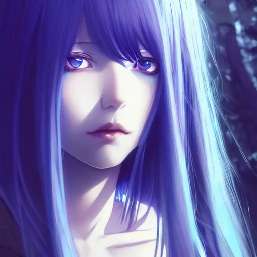 Image similar to long blue - haired girl with bangs gothic anime character with ( amber irises ) noir, screenshot, anime, sharp focus, intricate, illustration, cell shaded, digital painting, highly detailed, concept art, matte, art by ilya kuvshinov, wlop, and greg rutkowski, studio quality, james jean, artem demura