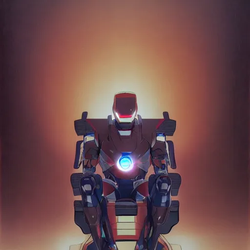 Image similar to a japanese voltroniron man based off of japanese culture sitting on chair in front of laptop in detailed gamer room, japanese anime robots, cyberpunk concept art, trending on artstation, highly detailed, digital art, 8 k, drawn by jean delville