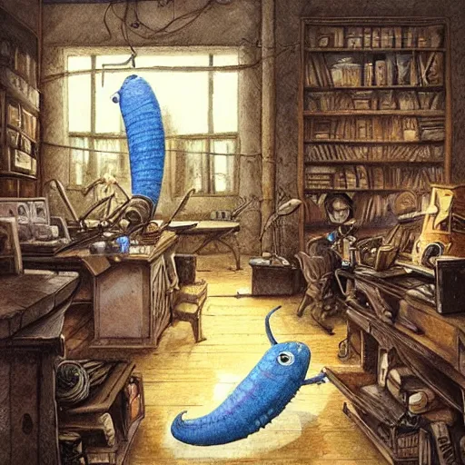 Image similar to giant slug runs amuck in spacious laboratorium with students, monster university, by jean - baptiste monge!!!